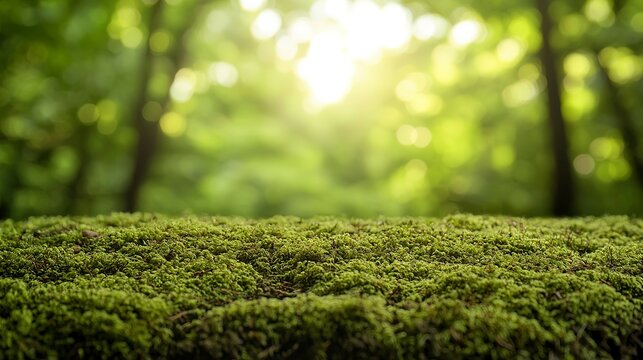 Mossy Forest Floor with Blurred Green Trees and Sunlight – Natural Backdrop for Product Display or Commercial Design