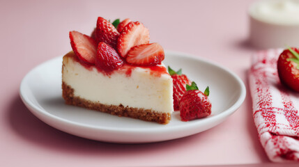 Strawberry Cheesecake Slice On Pink Background