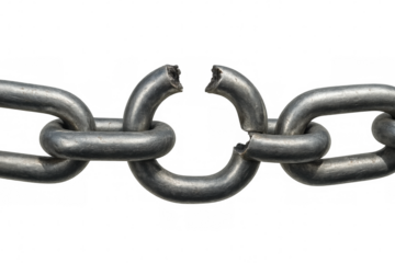 Steel chain breaking apart, representing broken promises, loss of trust, and vulnerability on transparent background