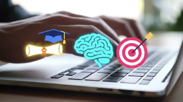 Brain, education, and target icon combination showing learning and mindfulness process
