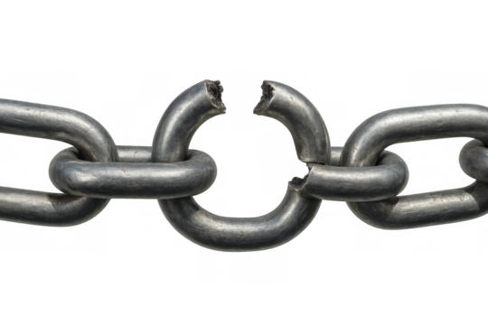 Steel chain breaking apart, representing broken promises, loss of trust, and vulnerability on transparent background