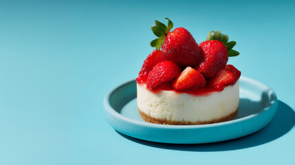 Miniature Cheesecake with Fresh Strawberries on Teal Plate