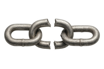 Metal chain breaking apart demonstrating a weak link in the system, isolated on transparent background