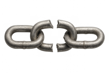 Metal chain breaking apart demonstrating a weak link in the system, isolated on transparent background