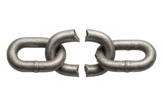 Metal chain breaking apart demonstrating a weak link in the system, isolated on transparent background - Powered by Adobe
