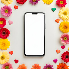 Colorful flowers and hearts surrounding smartphone mockup