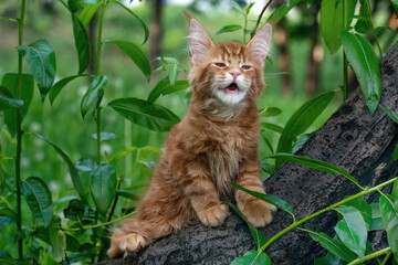 A big red maine coon kitten sitting on a tree in a forest in summer.