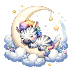 Dreamy Zeba on Moon: A delightful illustration of a sweet, sleeping zebra nestled on a crescent moon. Stars and clouds create a charming, whimsical scene perfect for children's designs or themes.