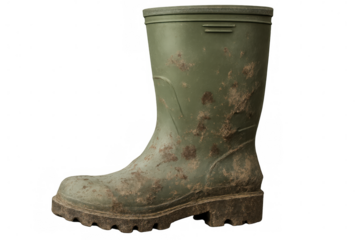 Mud-splattered green rubber boots waiting for farm labor, positioned on transparent backdrop highlighting rugged utility