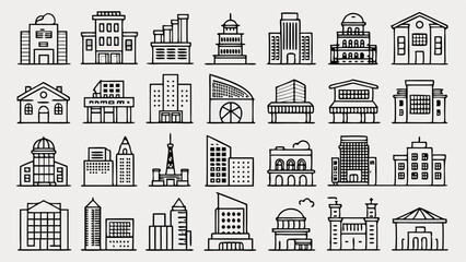 Collection of hand drawn building icons representing diverse architecture styles isolated on white background