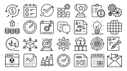 Collection of hand drawn business and finance icons representing success and strategy isolated on white background