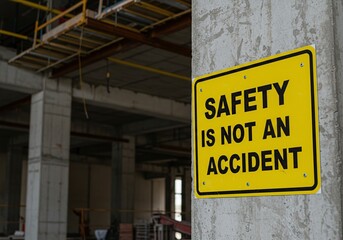 Construction Site Safety Sign: Bold Yellow Sign Reading "SAFETY IS NOT AN ACCIDENT" on a Concrete Pillar with an Industrial Background, Emphasizing Proactive Safety Measures.