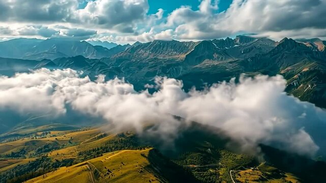 Majestic Mountainscape: Breathtaking aerial view capturing the grandeur of towering peaks and lush valleys, swathed in swirling clouds and sunlight.