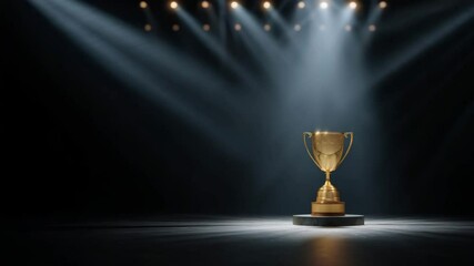 A golden trophy stands proudly on a pedestal, surrounded by dramatic lighting and shadows, symbolizing achievement and victory