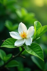 Fototapeta premium Delicate jasmine blossoms atop vibrant green tea leaves , herbal, leaves