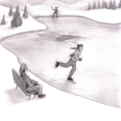 Winter Scene of Three People Enjoying an Icy Pond with Cracks in a Day