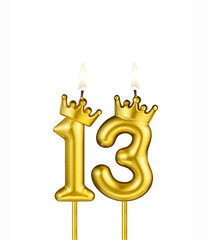 Golden candle with crown number 13 - White background