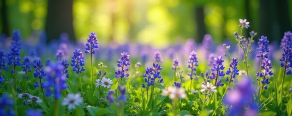 Naklejka premium Vibrant bluebells carpet sun-dappled meadow, wildflowers bloom , field, flowers, floral