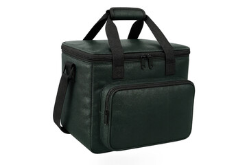 Dark green insulated cooler bag with handles isolated on transparent background