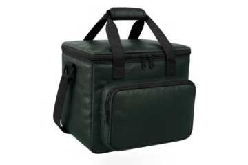 Dark green insulated cooler bag with handles isolated on transparent background