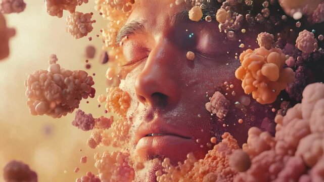 A man 's face is covered in pink and orange bubbles