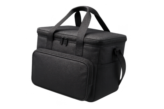 Black insulated cooler bag isolated on transparent background, portable