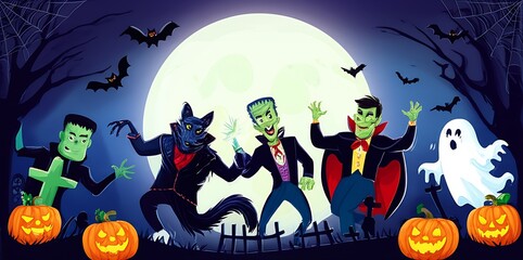 A ghoulishly fun monster mash dance party unfolds on Halloween night: Costumed creatures groove and celebrate in spooky revelry.