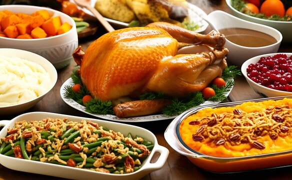 A bountiful Thanksgiving feast awaits: A dining table overflows with traditional holiday dishes, the warmth of the freshly prepared food sending delicate wisps of steam into the air.