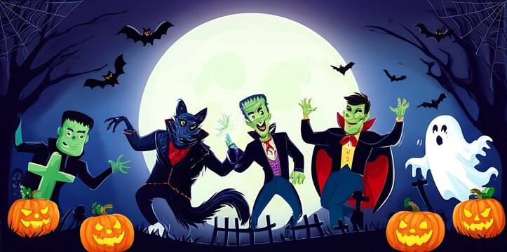 A ghoulishly fun monster mash dance party unfolds on Halloween night: Costumed creatures groove and celebrate in spooky revelry.