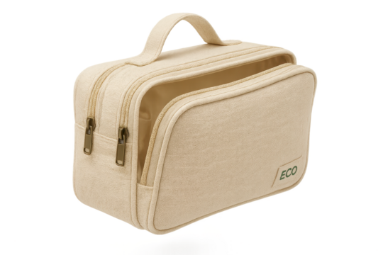 Beige ECO toiletry travel bag with two zippers isolated on transparent background