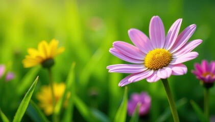 Colorful daisy flower blooms in lush green grass, grass, nature