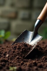 Close-up of trowel blade with soil and roots, against a natural stone background, garden care, planting, outdoor gardening