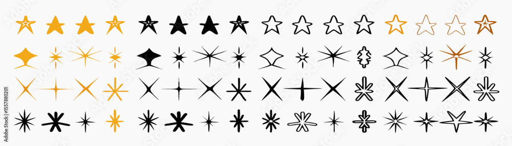 Poster collection of different star shapes and designs in gold and black colors on a white background displ