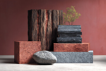 Still life arrangement featuring various textures and natural elements on a neutral surface space