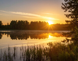 Fototapeta premium Serene Sunrise Over Calm Lake Golden Hour Reflections in Nature Photography