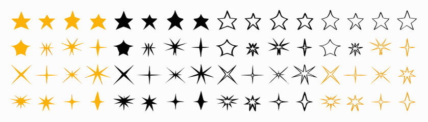 Collection of star shapes in gold, black, and outline, arranged in horizontal rows on a white background created with generated ai