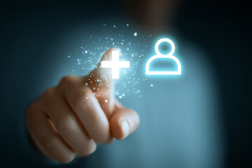 Digital connection: hand touches virtual add user icon