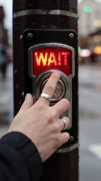 Hand pressing button for pedestrian crosswalk the signal lighting on city street