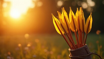 Quiver full of arrows in sunset glow. Sharp tips of arrows and sunshine make the composition. Archery sport, ancient craft, adventure, travel concept in forest. Warm sunlight, bright detail shot.