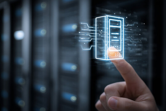 Holographic server: hand interacting with data center technology