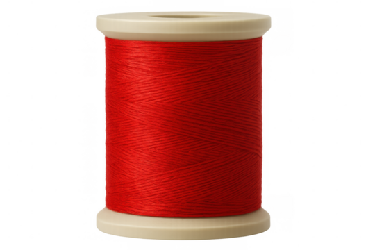 Red thread wound on a spool with transparent background, ready for sewing, tailoring, or embroidery projects