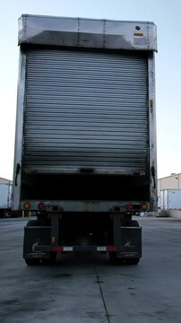 Large roll door of semi truck being pulled down with loud clang sealing the trailer for transit