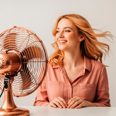 Smiling Woman Cooling Off with Fan and Flying Hair