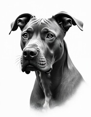 Illustration american staffordshire terrier. Dog portrait in grayscale studio. Loyal pet looks at you. Friendly look. Purebred dog. Domestic animal breed.