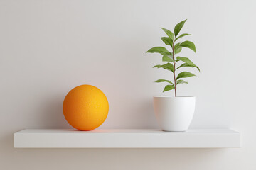 Minimalist indoor plant and orange still life on white shelf