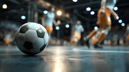 Indoor Soccer Match Close-up of Soccer Ball on Surface

