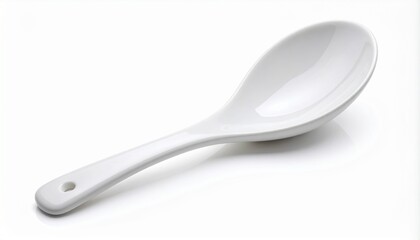 Single White Porcelain Serving Spoon on White Background