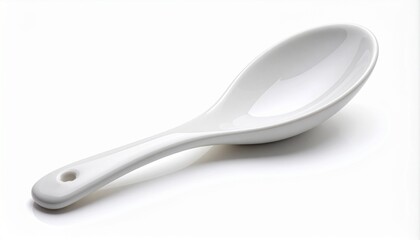 Single White Porcelain Serving Spoon on White Background