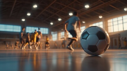 Indoor Soccer Match Close-up of Soccer Ball on Surface

