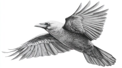 Detailed grayscale drawing of a soaring crow